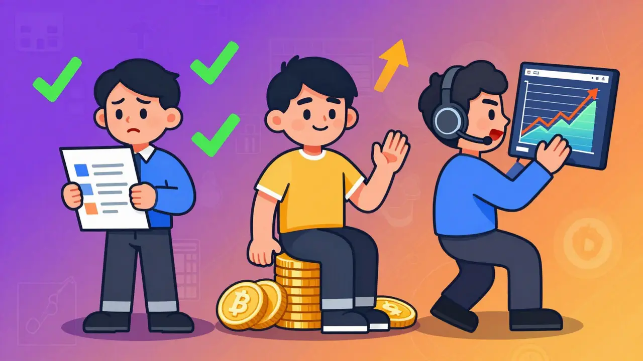 Three cartoon investors representing beginners, yield earners, and active traders