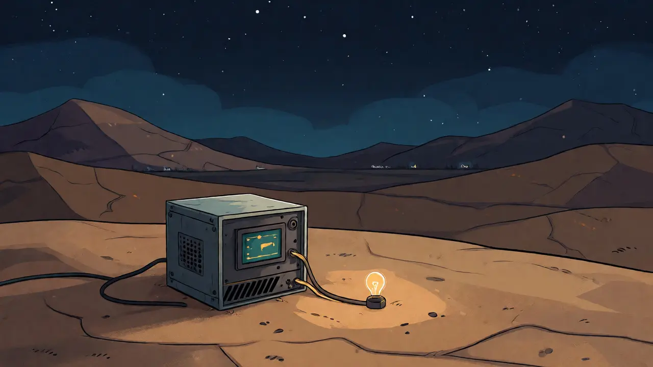 A lonely mining rig sits in a vast empty desert under a starry night sky.