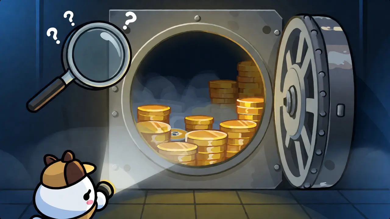 A mysterious vault with unverified crypto assets and a detective examining the shadows.