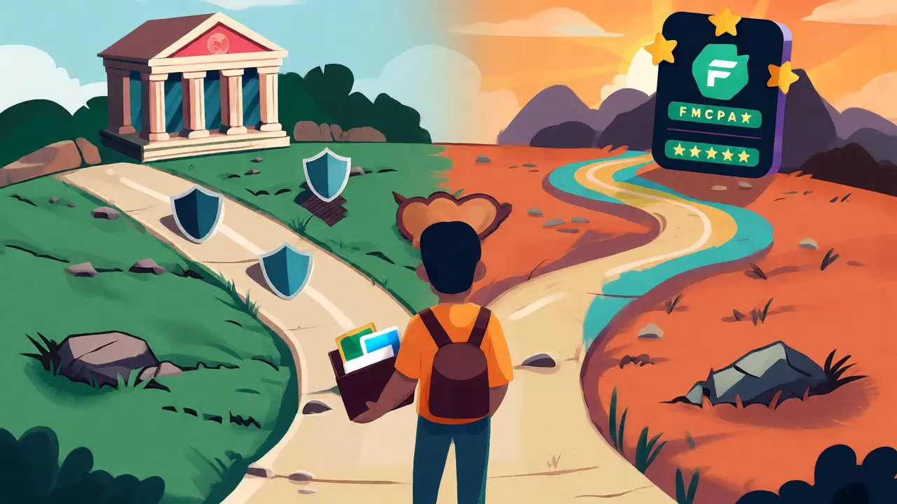 A traveler choosing between a regulated bank path and a flexible crypto exchange route.