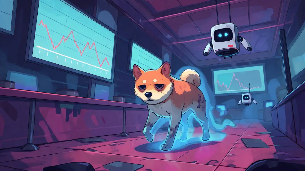 A zombie-like Shiba Inu wanders an empty trading floor with flat price charts.