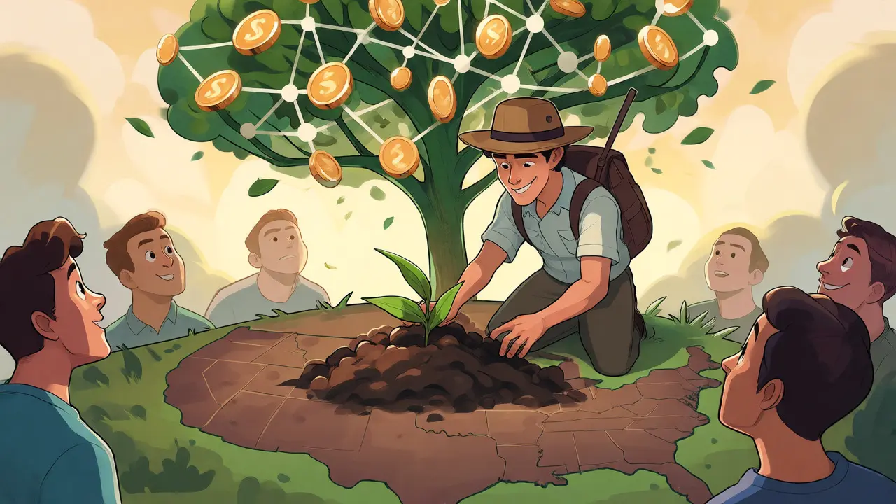 An explorer planting a tree of interconnected coins symbolizing community growth.