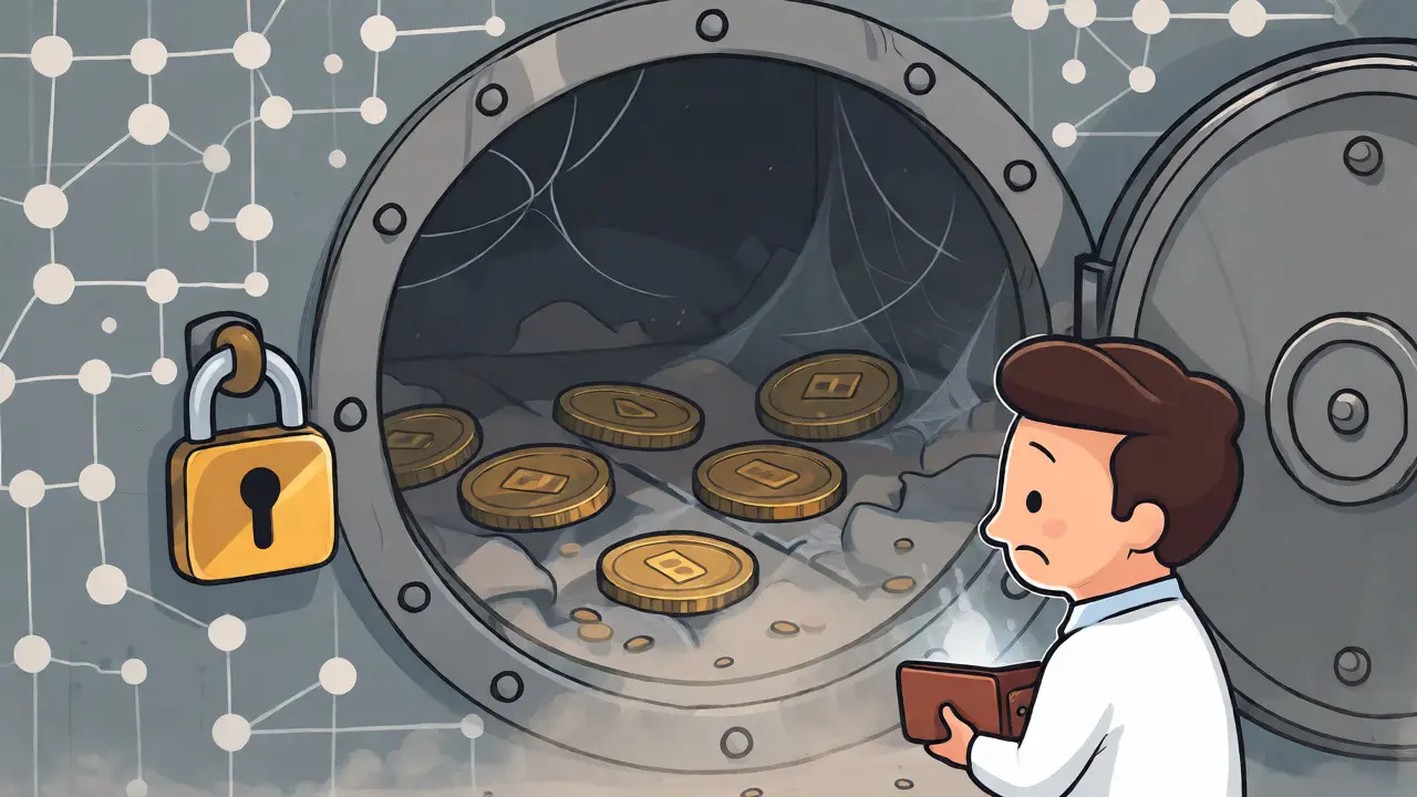 An open vault contains only dust and a few tiny coins, with a confused investor nearby.