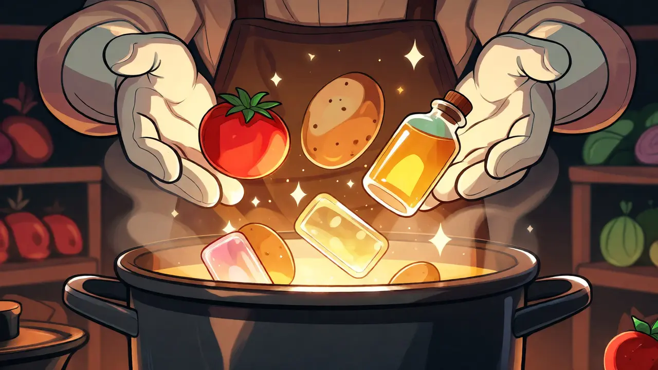 Animated hands cooking ingredient NFTs into a dish in the OneRare kitchen.