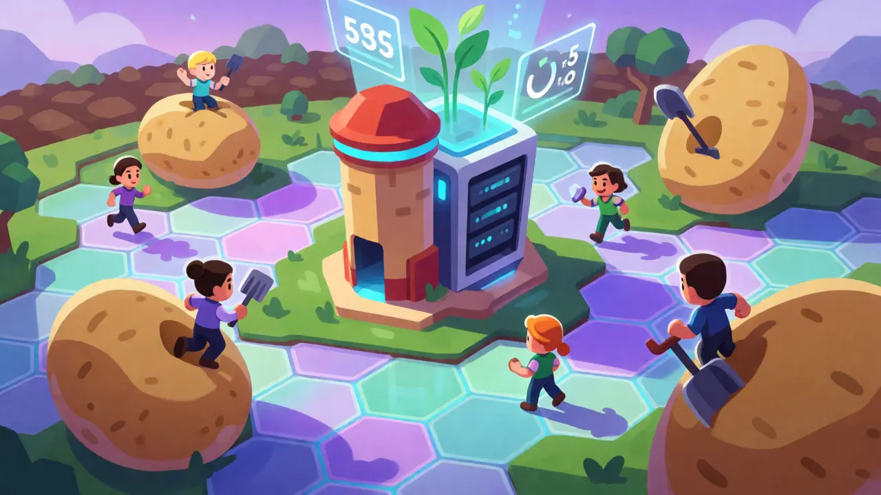 Avatars in a hexagonal tile metaverse with potato-themed structures