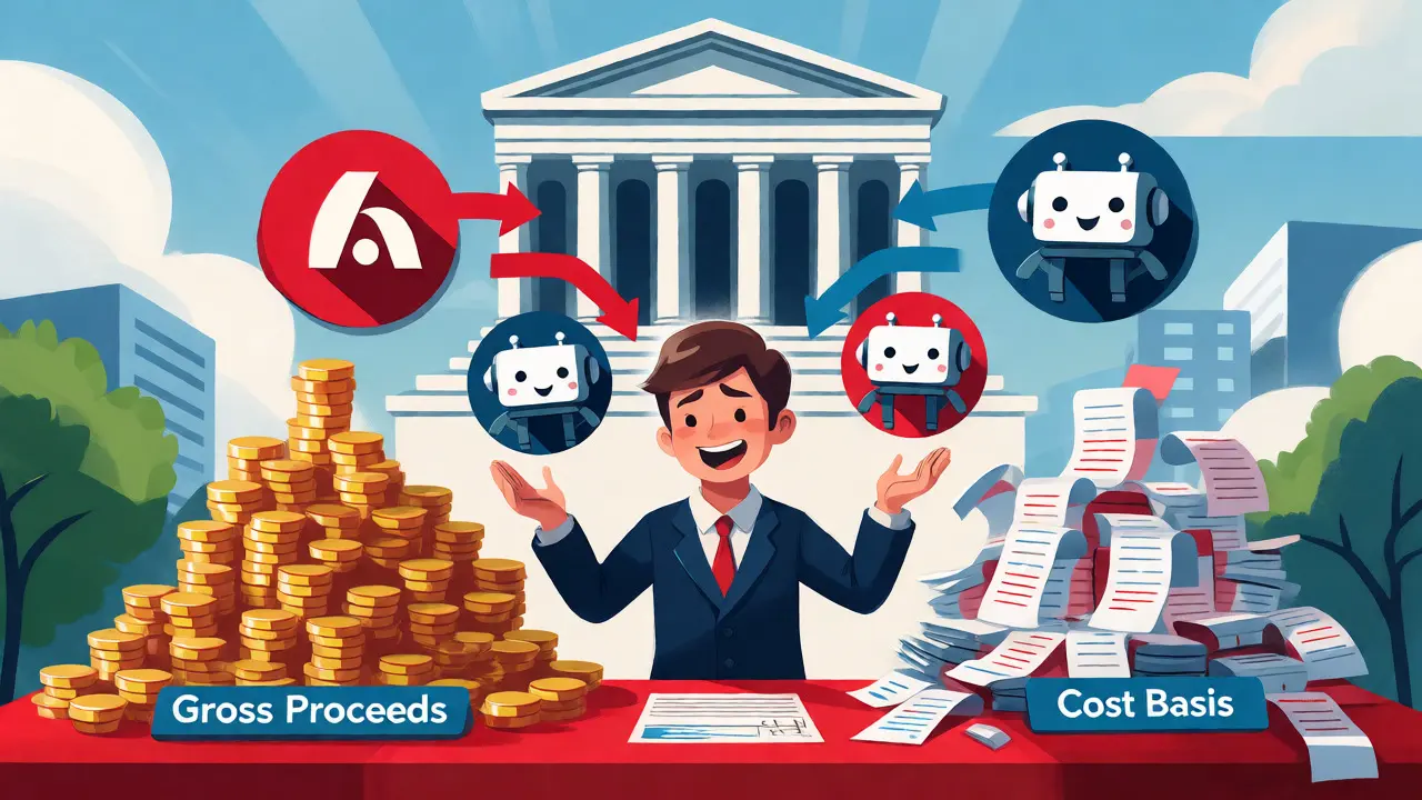 Cartoon accountant managing gross proceeds and manual cost basis for crypto