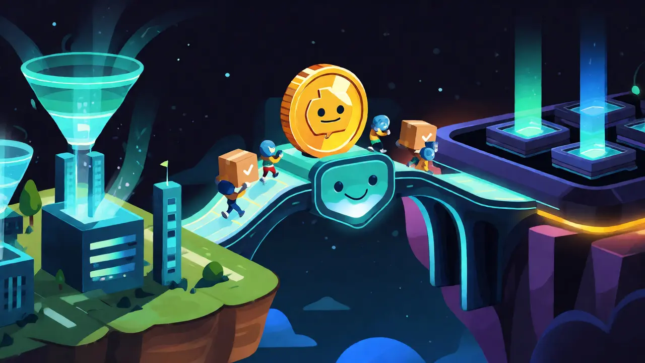 Cartoon bridge connecting off-chain data to Polkadot network