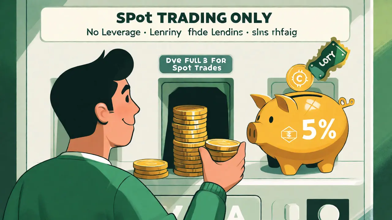 Cartoon depiction of spot trading with full funds, crypto lending piggy banks, and lottery perks.