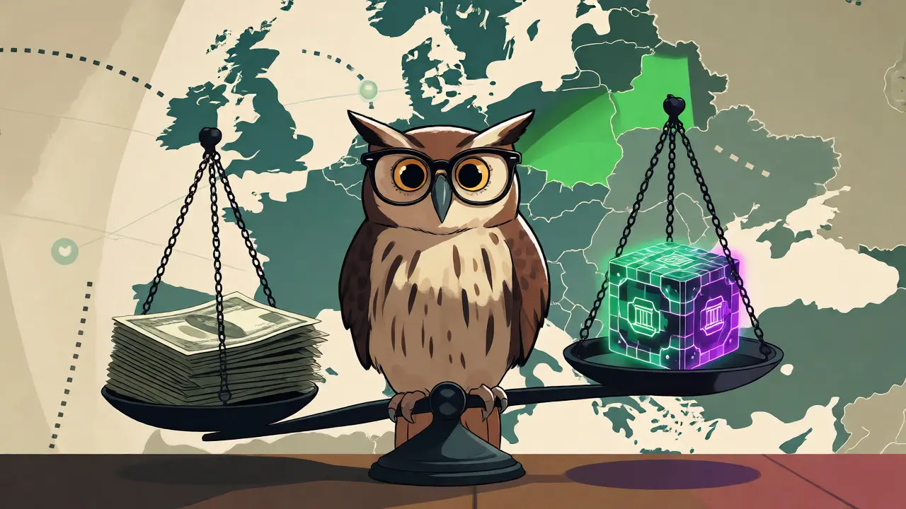 Cartoon owl balancing traditional banking symbols with blockchain technology icons.