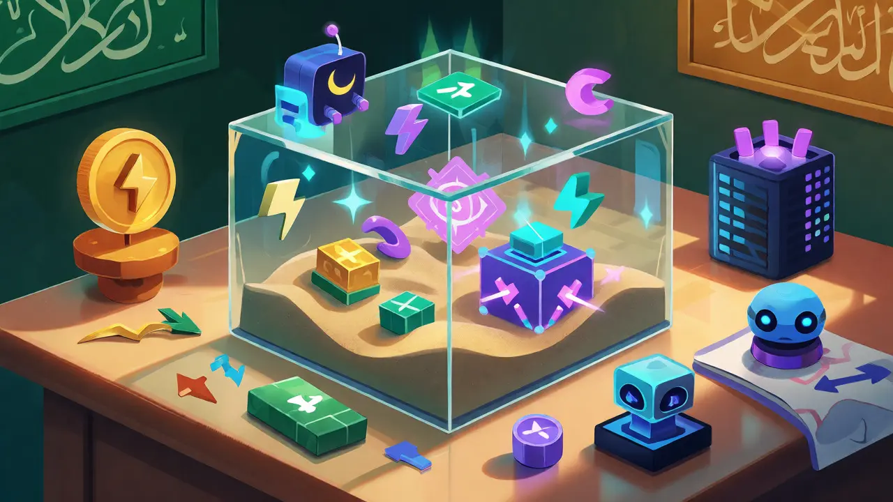 Cartoon sandbox mixing Islamic finance symbols with crypto tech and mining icons.