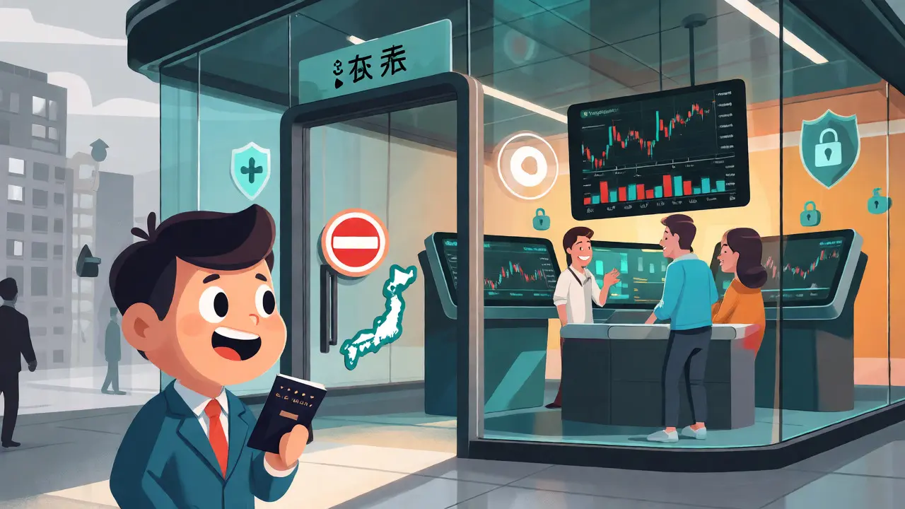 Cartoon scene showing an outsider looking at a Japanese crypto exchange while users trade inside securely.