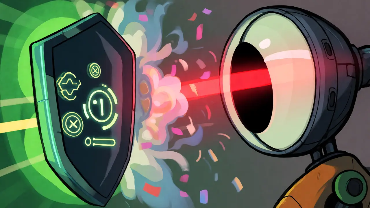 Cartoon shield blocking surveillance lasers, representing privacy coins protecting user transactions.