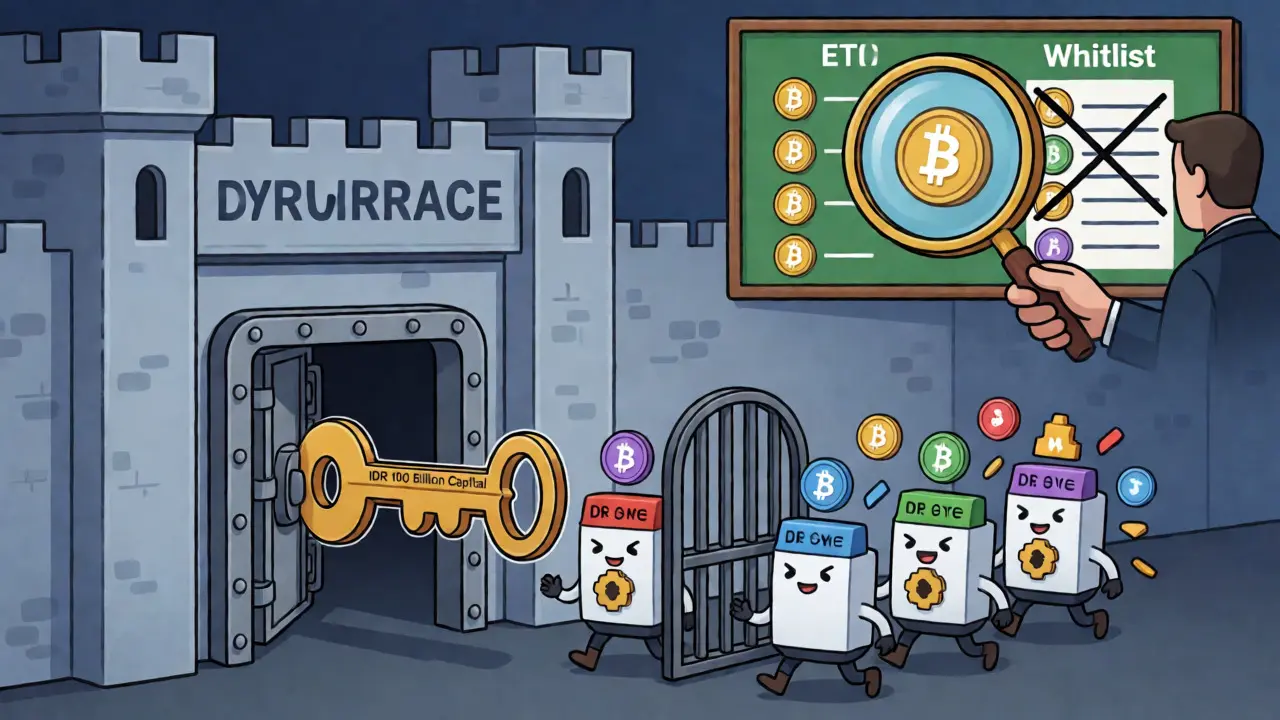 Cartoon showing strict capital requirements and asset whitelisting for Indonesian crypto exchanges.