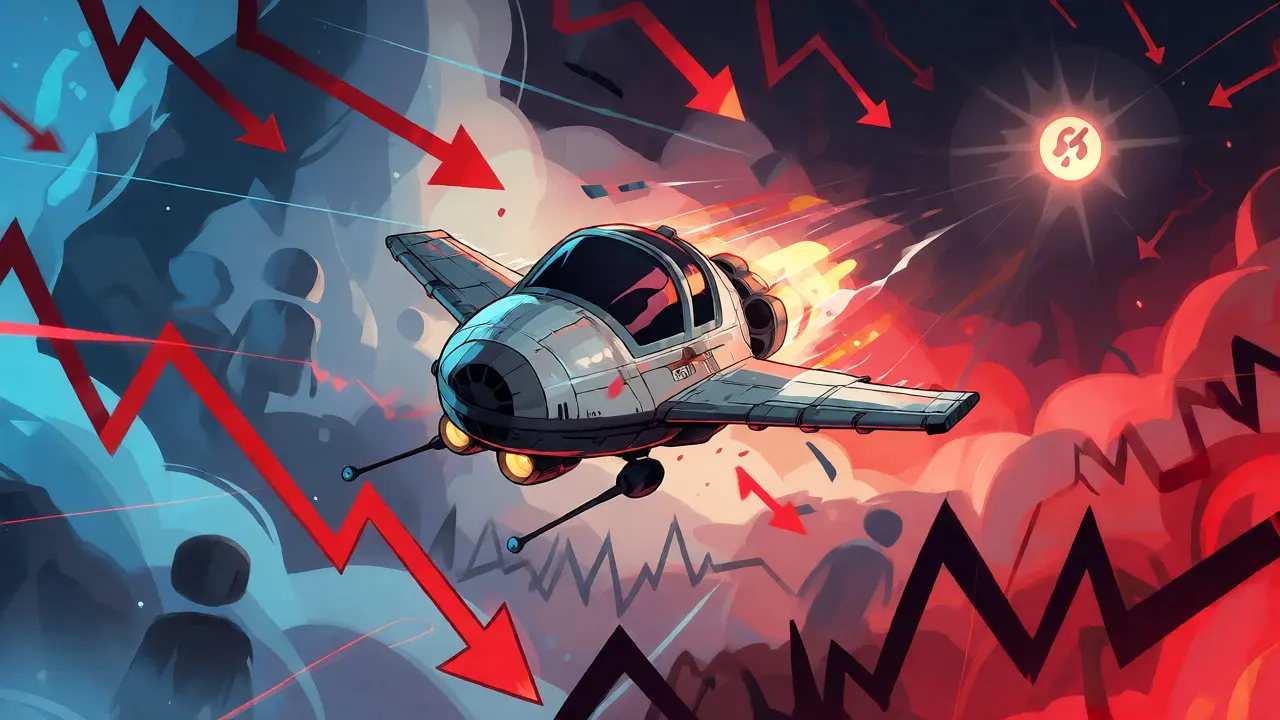 Cartoon spaceship navigating volatile crypto markets with red trend arrows