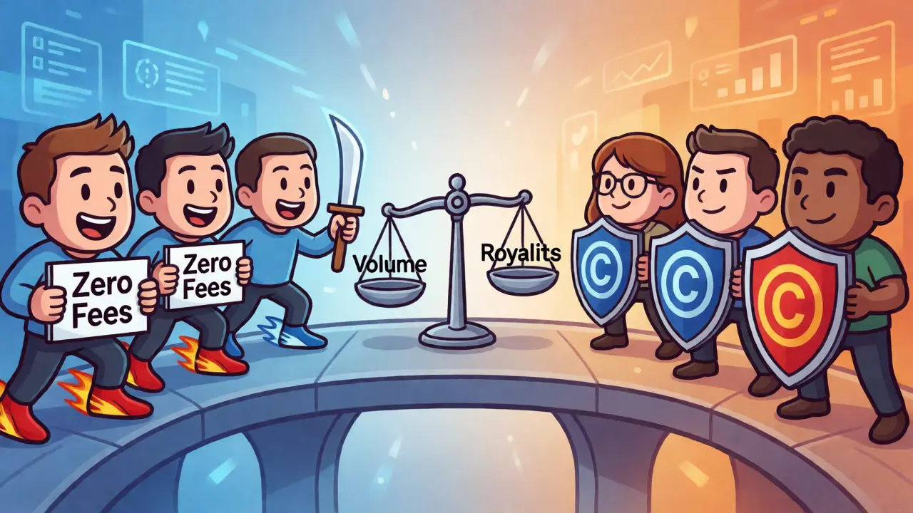 Cartoon traders and artists debating mandatory vs optional royalties
