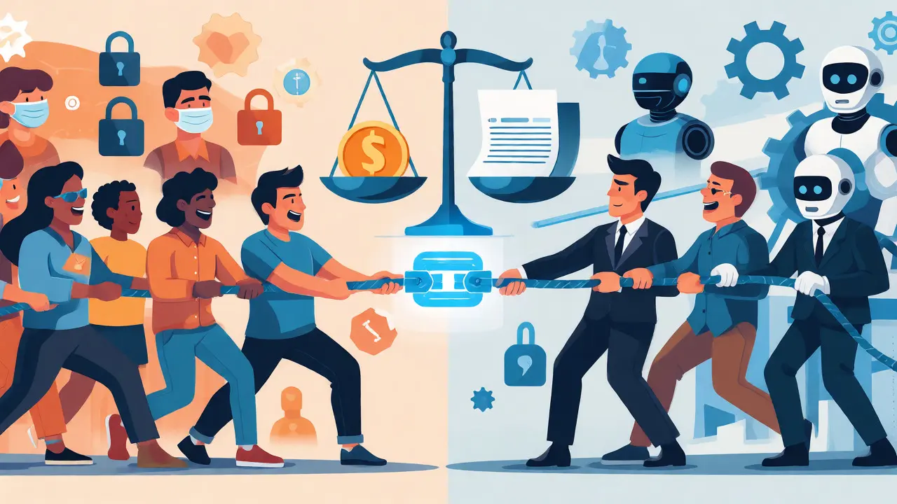 Cartoon tug-of-war between private users and regulators over a blockchain rope, illustrating the crypto arms race.