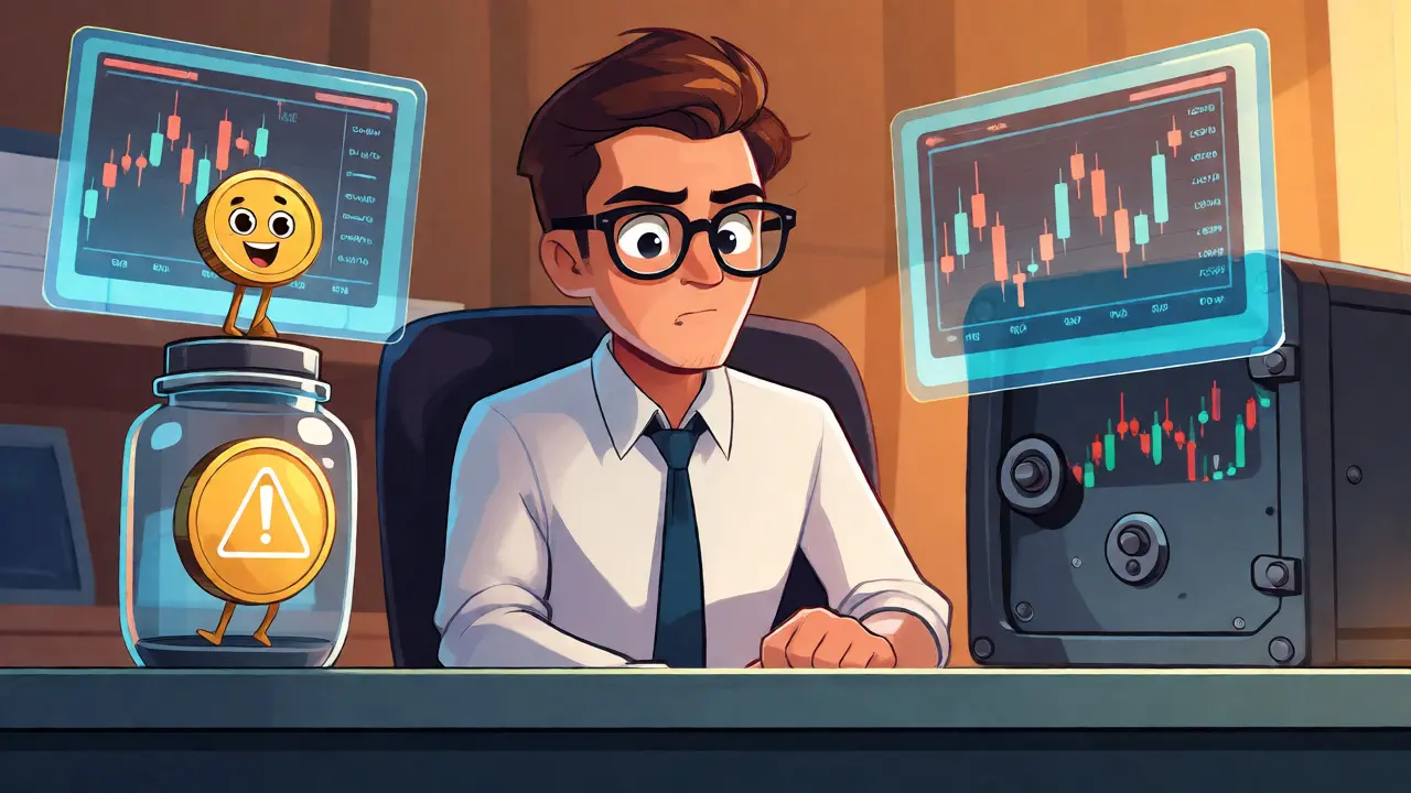 Cautious investor keeping a small amount of crypto in a separate jar while storing the rest in a secure safe.