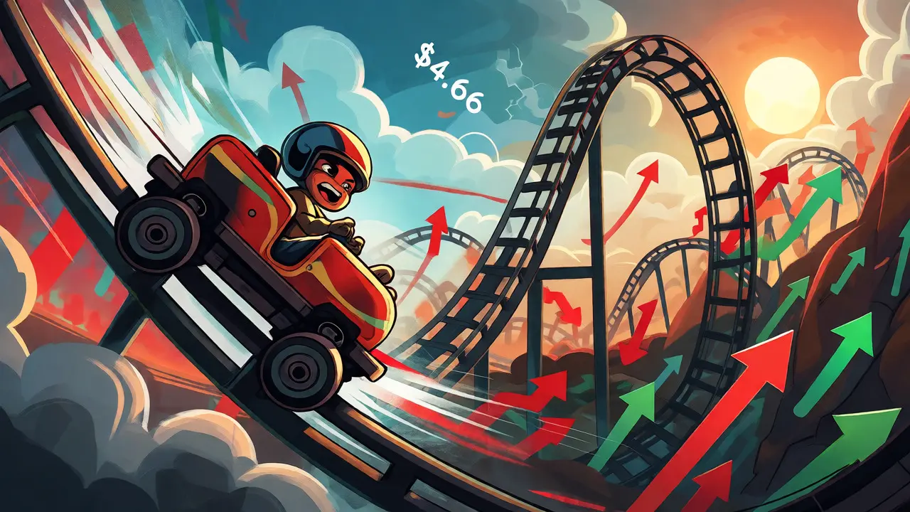 Character riding a volatile price rollercoaster with ups and downs