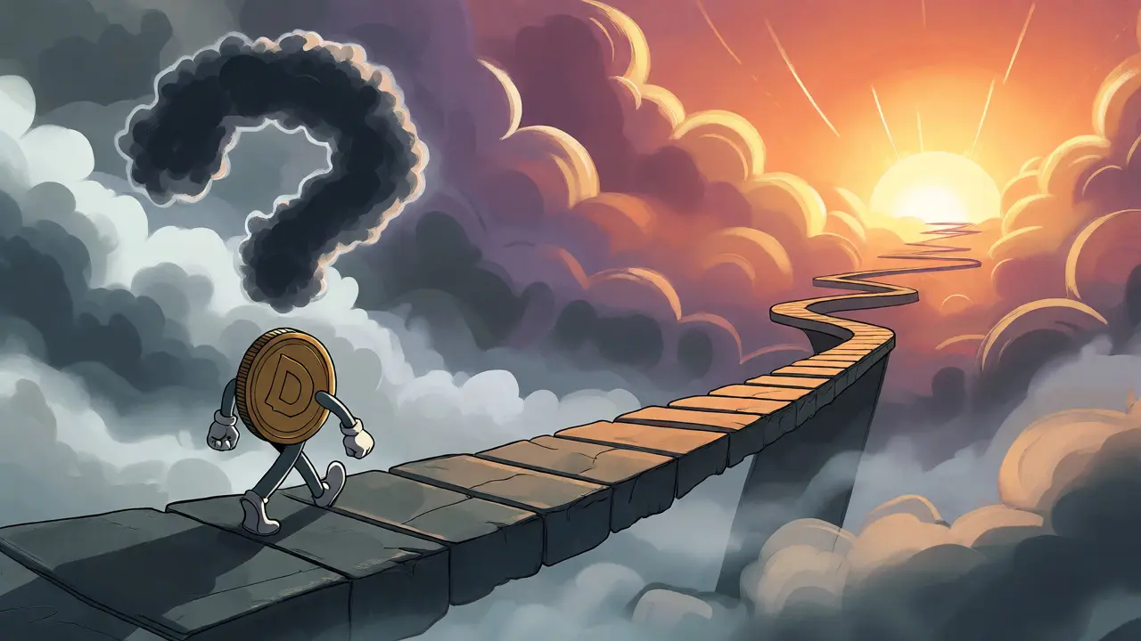 Coin character walking a path toward light amidst shadows representing regulatory uncertainty.