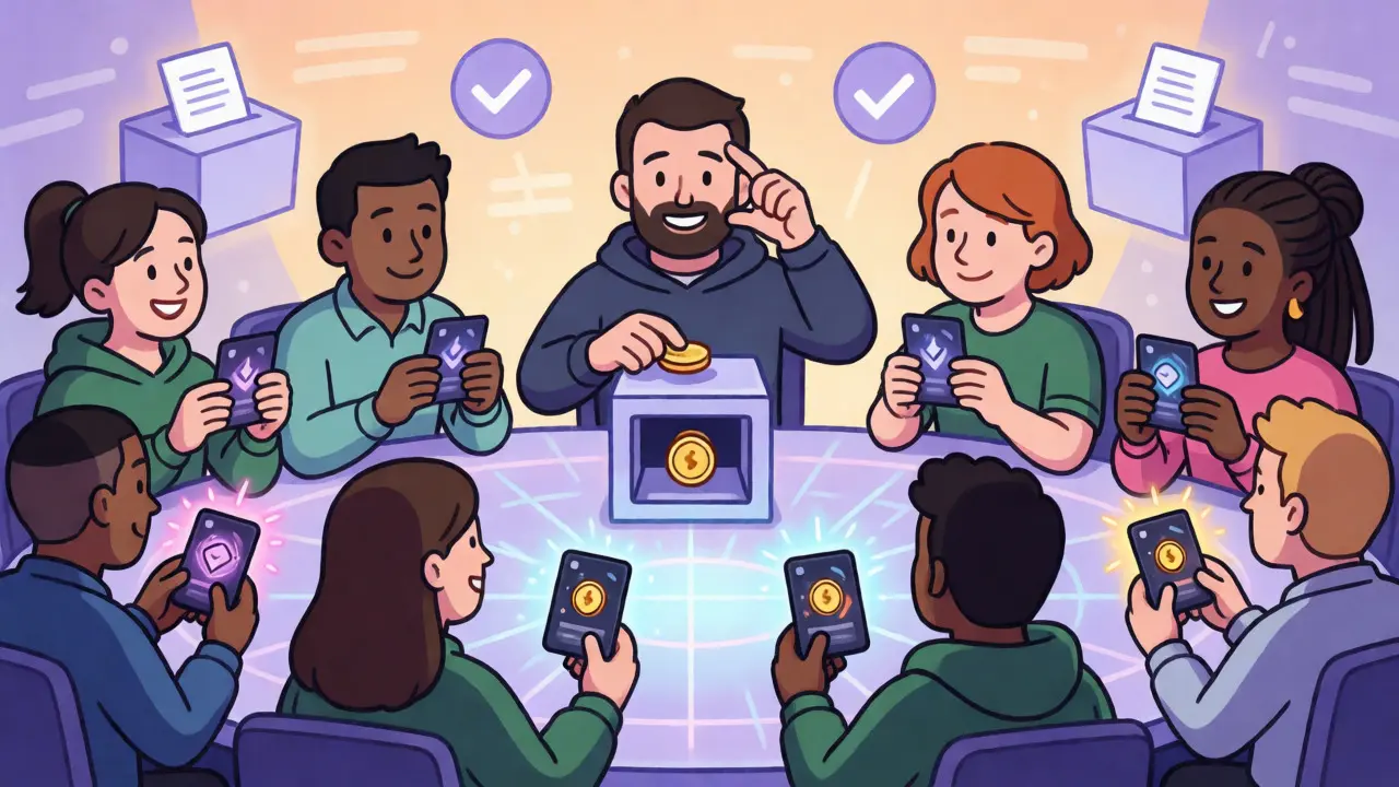 Community members staking tokens and holding NFTs for DAO governance participation.