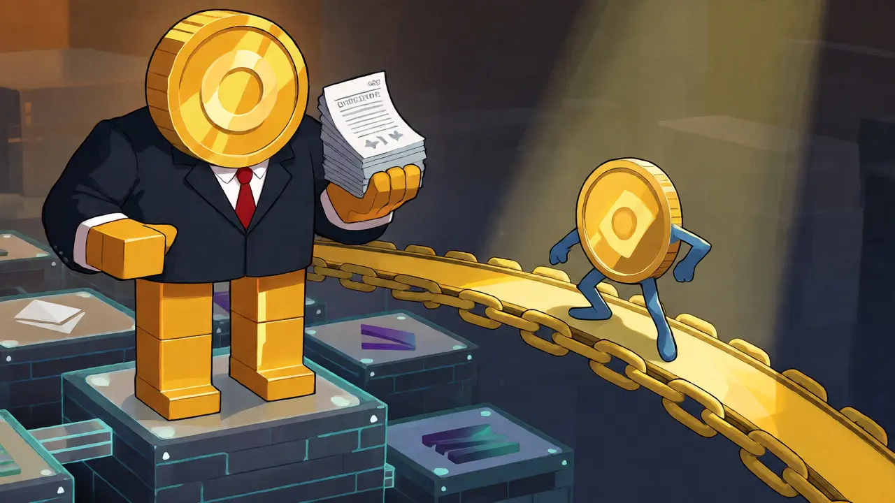 Comparison of a large multi-chain stablecoin figure against a smaller single-chain coin character.