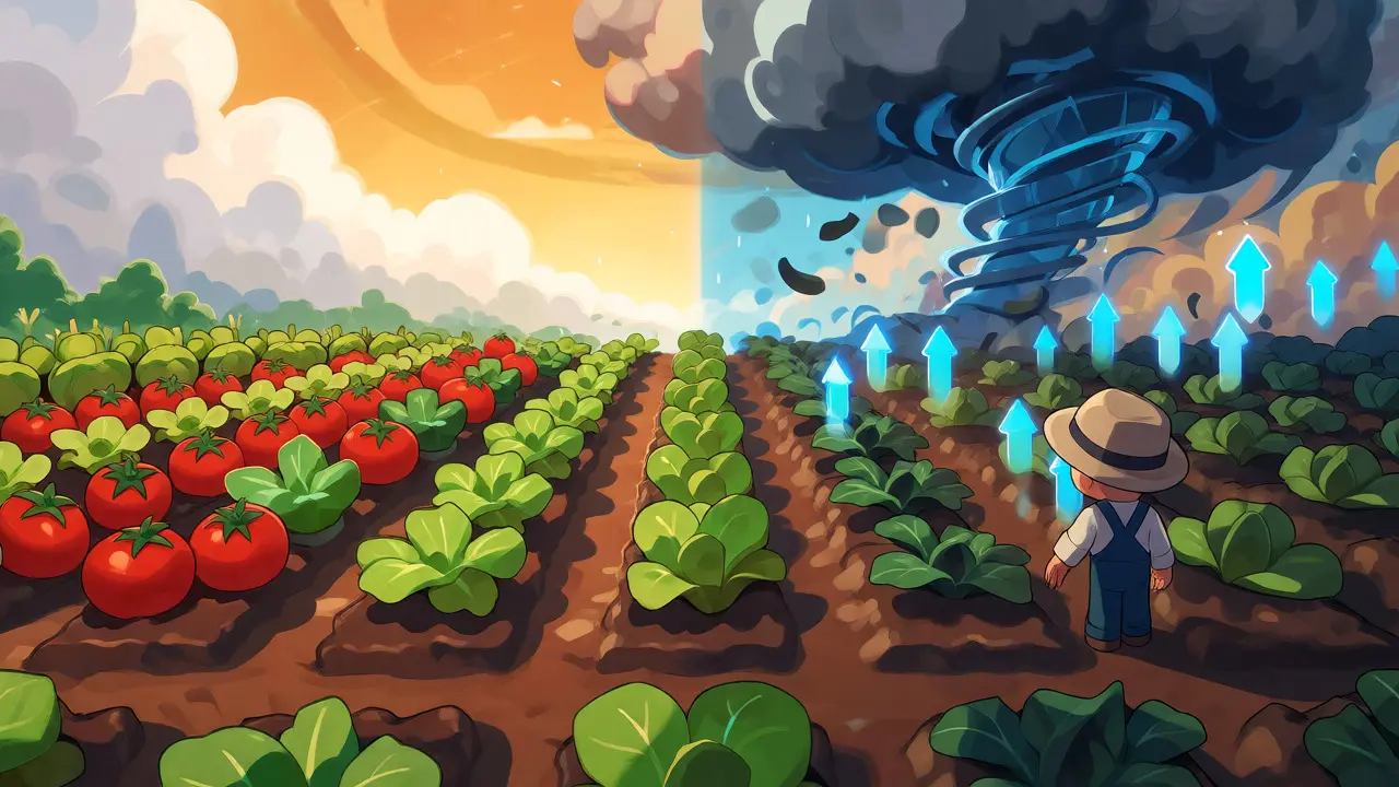 Contrasting farm plots showing healthy crops versus those affected by weather events.