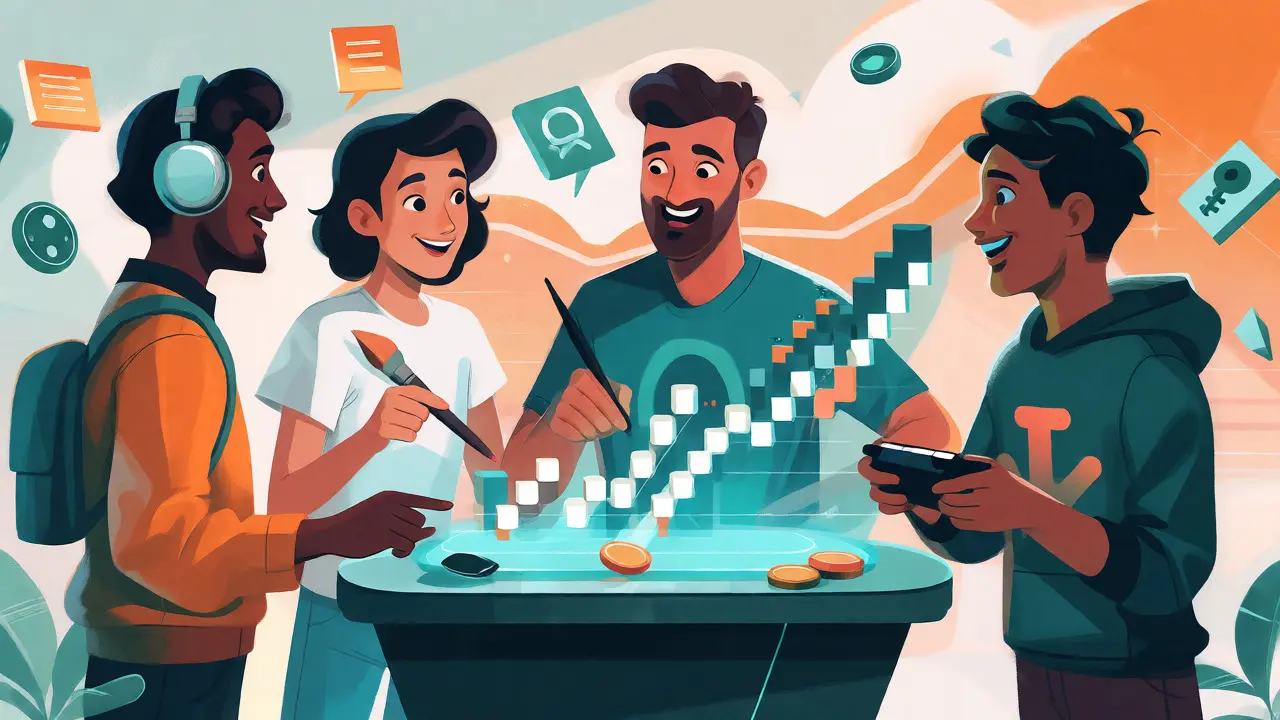 Creators discussing token strategies around a holographic growth chart.