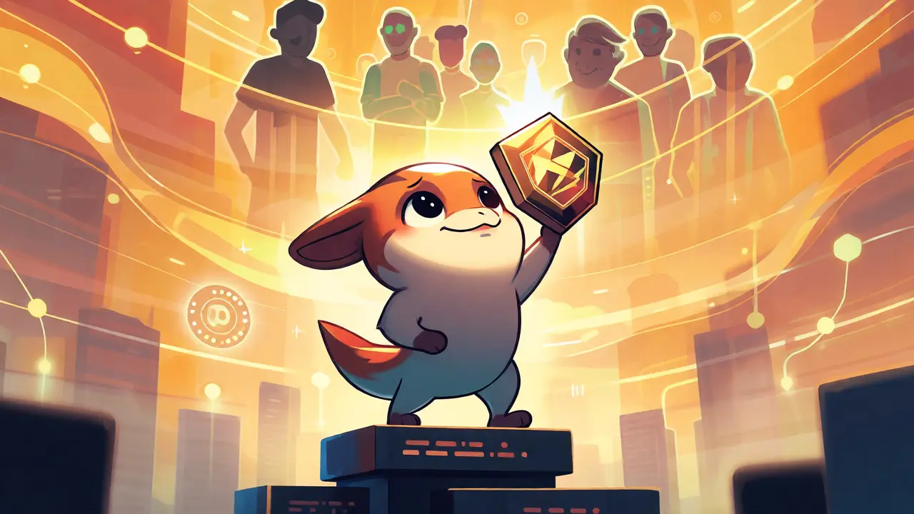 Creature holding badge on code pedestal