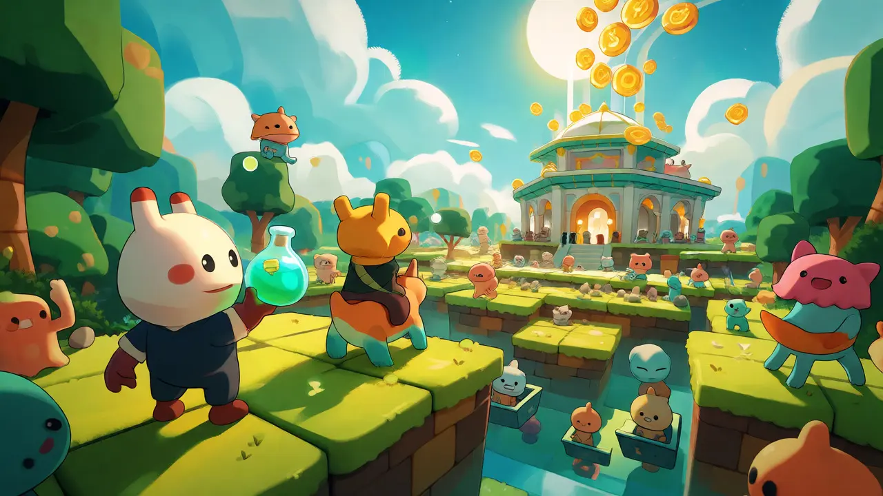 Cute monster creatures roaming a colorful virtual world with floating gold tokens.