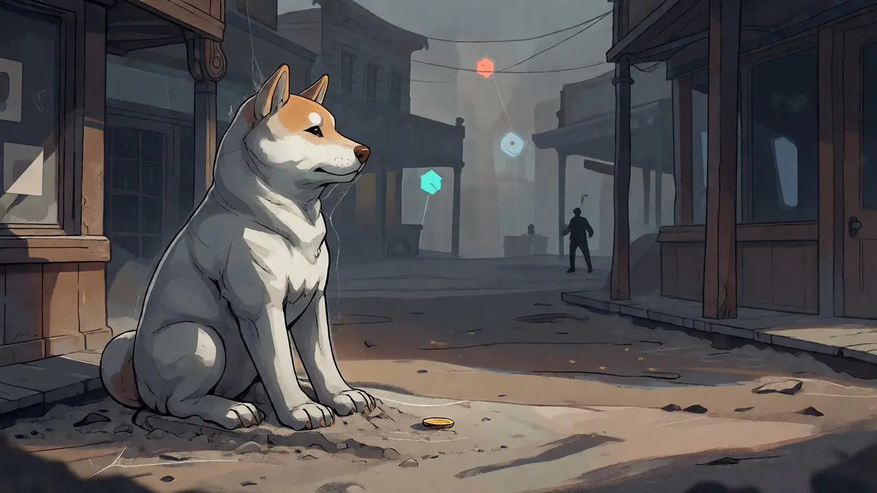 Dusty Shiba Inu statue in abandoned market