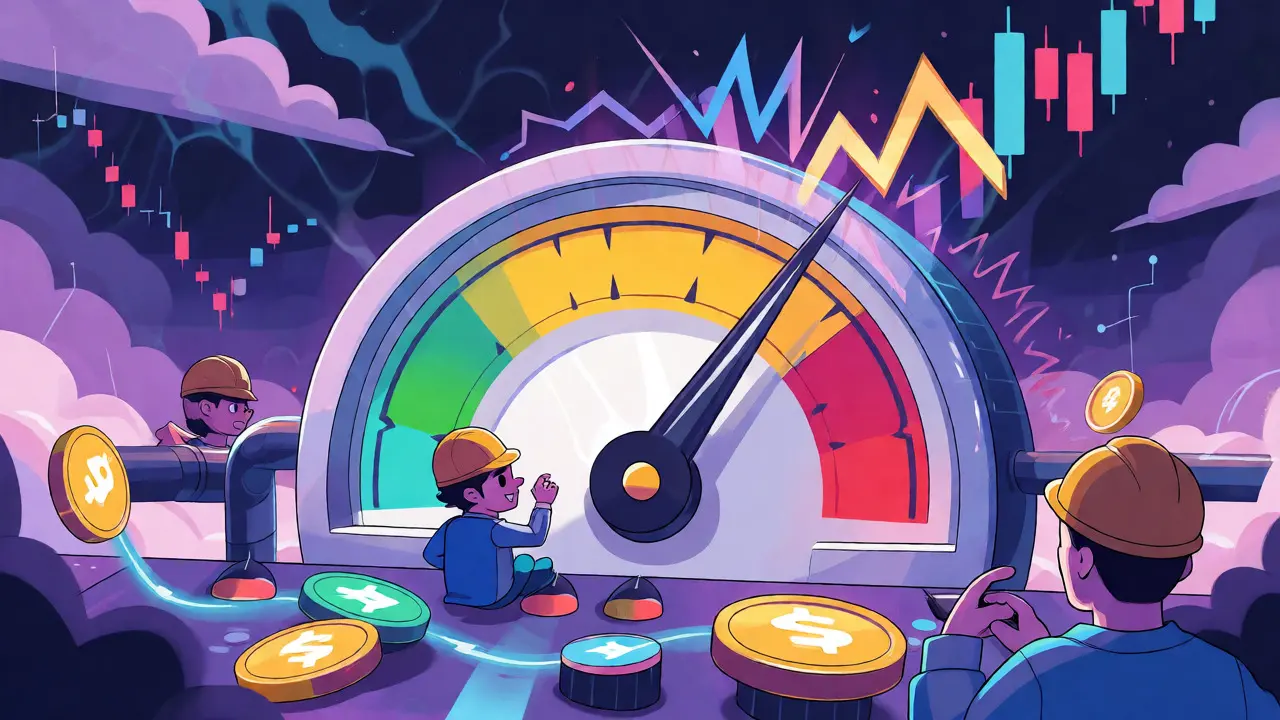 Dynamic fee gauge reacting to volatile market storms in cartoon style.