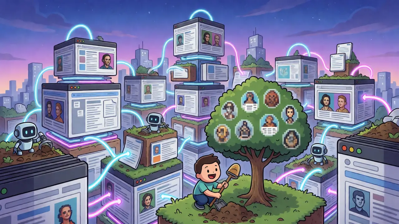 Floating city of digital blocks and a character planting data trees