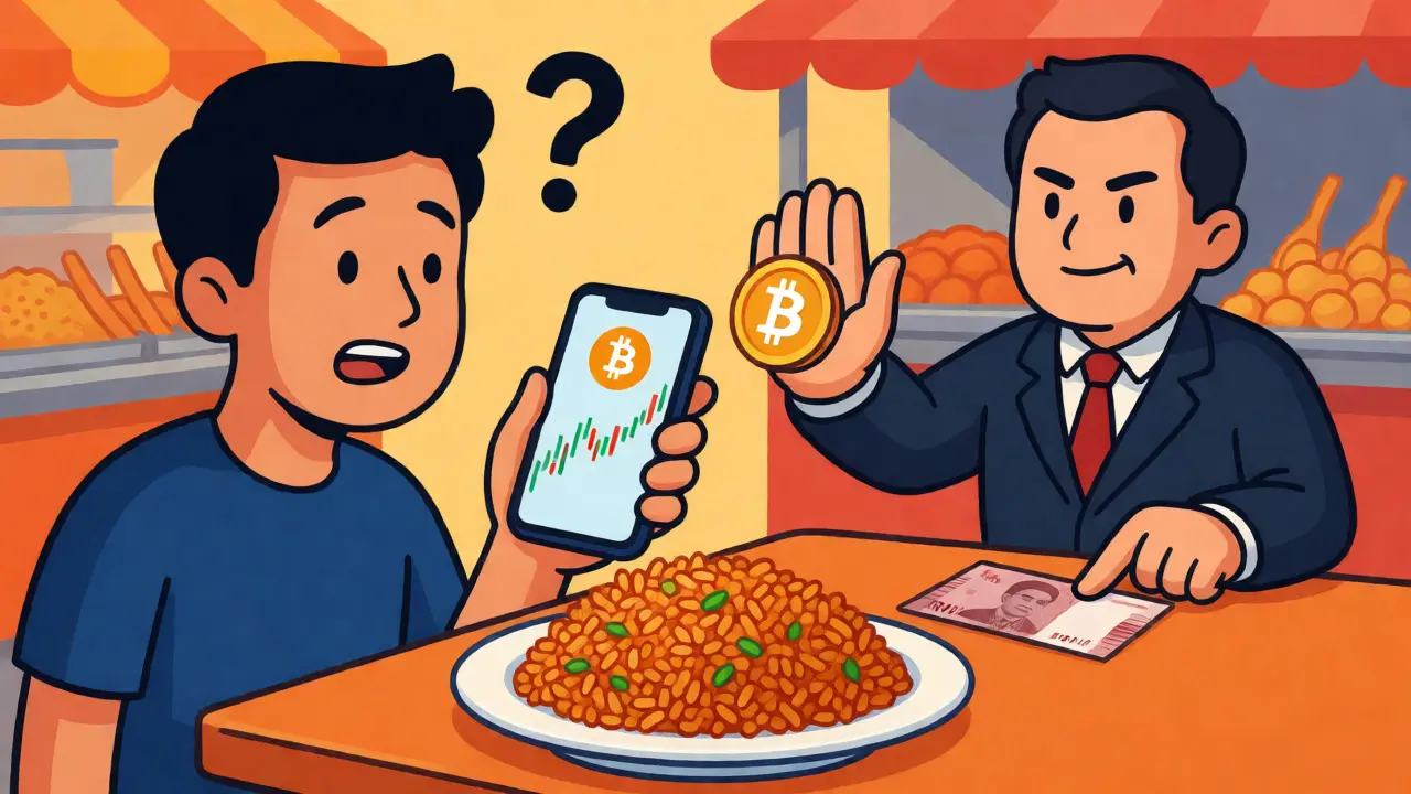 Illustration of a trader unable to pay for food with crypto, highlighting payment restrictions.