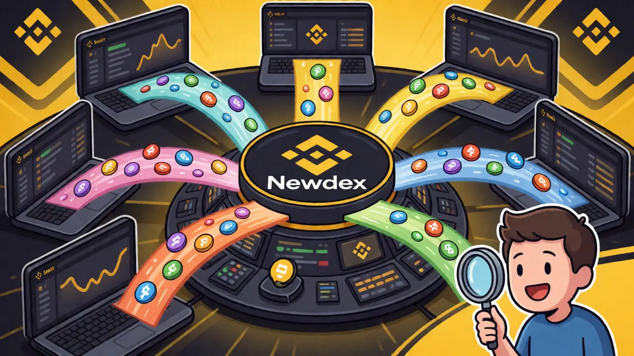 Illustration of Newdex aggregating liquidity from multiple BSC protocols for traders.