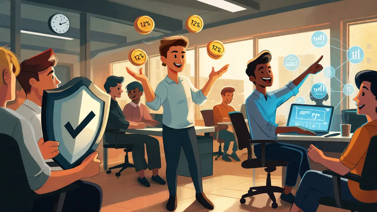 Illustration of workers discussing crypto regulations and tax benefits in an office.