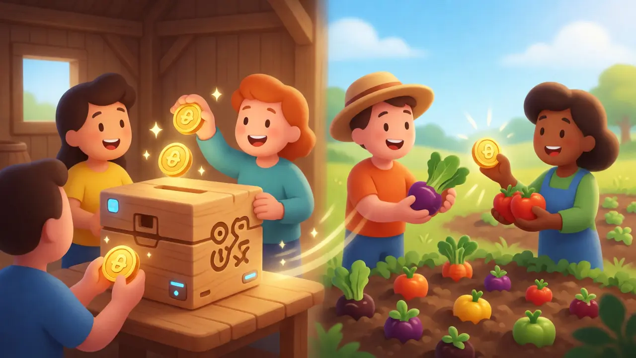 Investors putting tokens in a box transforming into produce for consumers