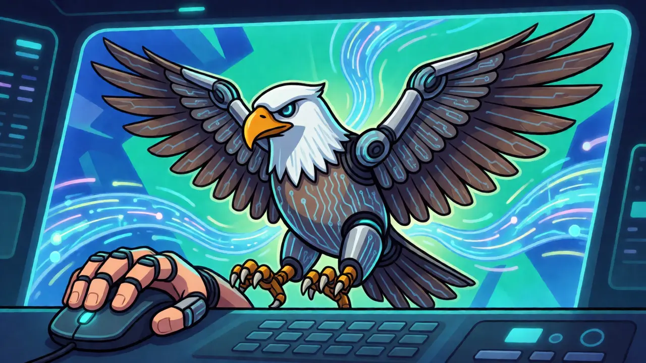 Robotic eagle executing fast trades on the Base blockchain network.