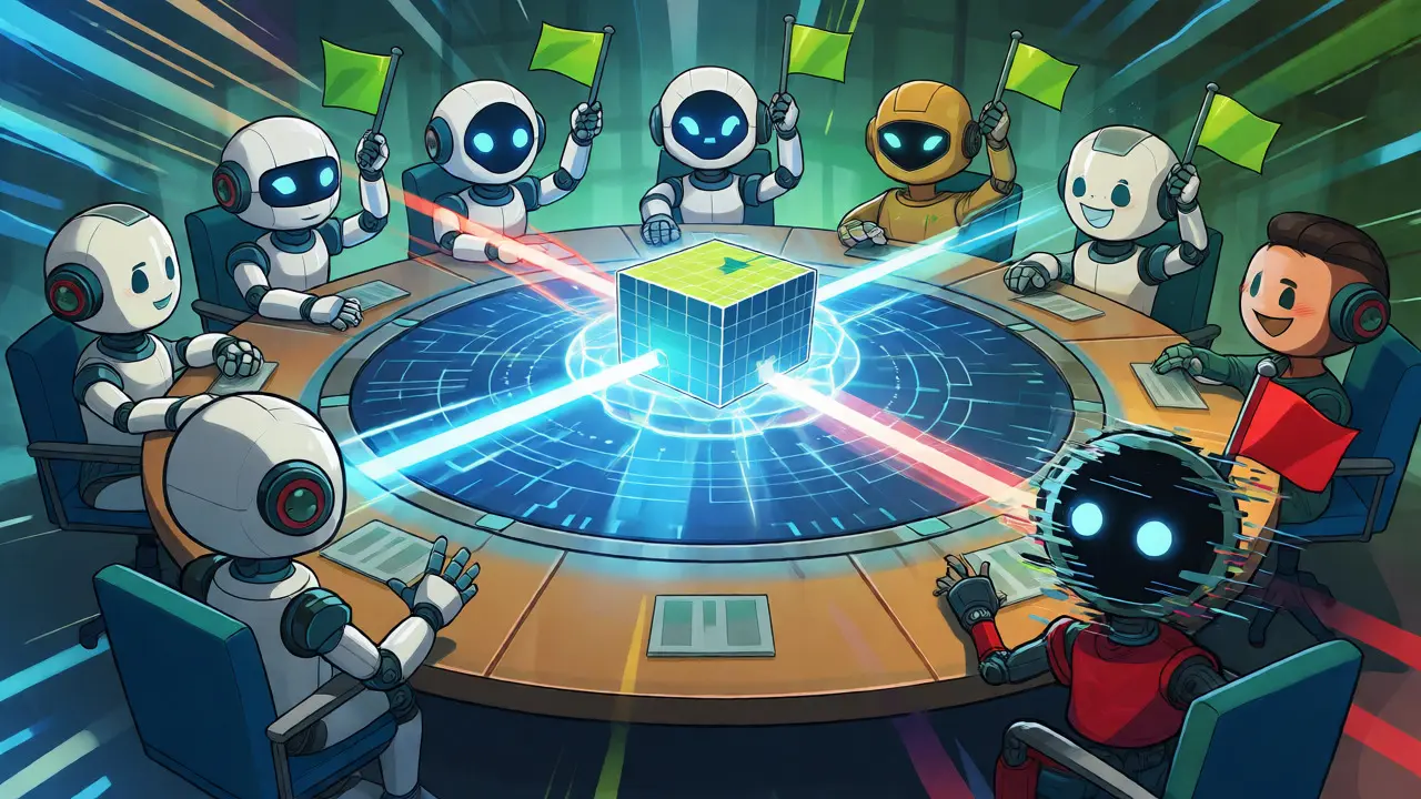 Robots voting to agree on a block in BFT consensus cartoon
