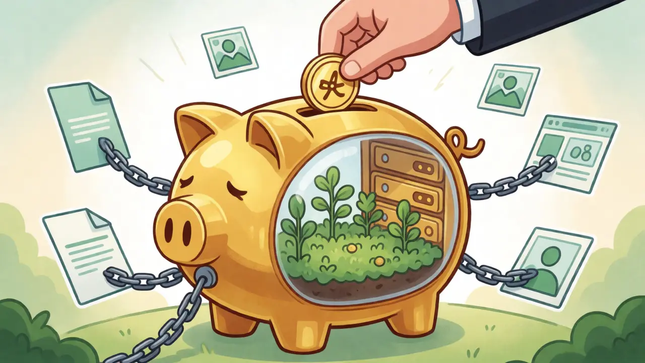 Server-shaped piggy bank with a growing garden inside, symbolizing endowment
