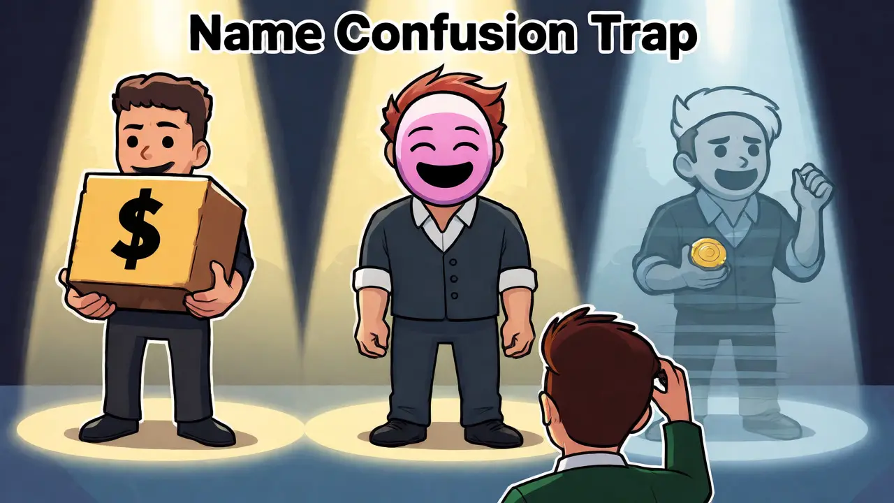 Three cartoon figures represent different Dollarcoins while a confused investor looks on.