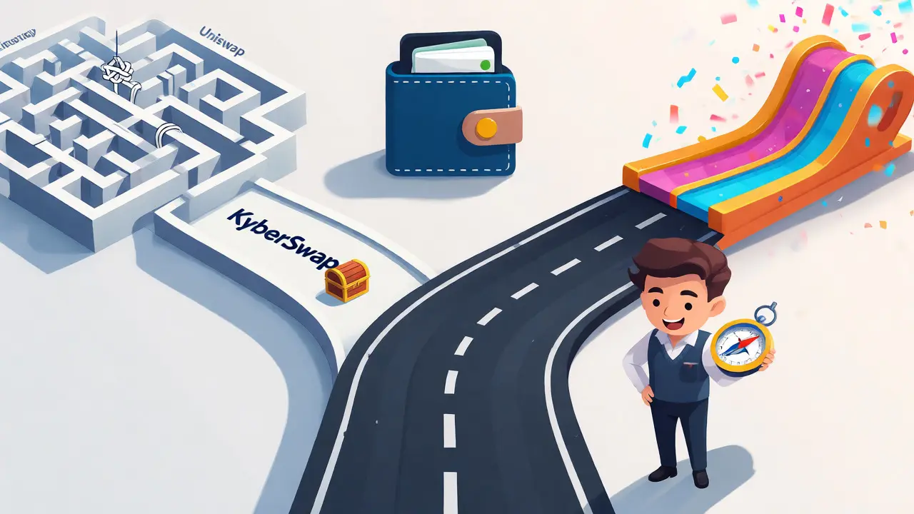 Trader choosing the direct highway path among DEX options.