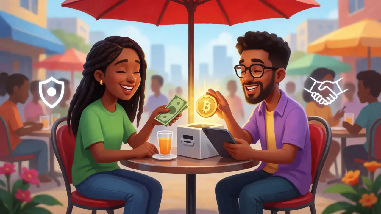 Two people exchanging cash for Bitcoin via P2P escrow