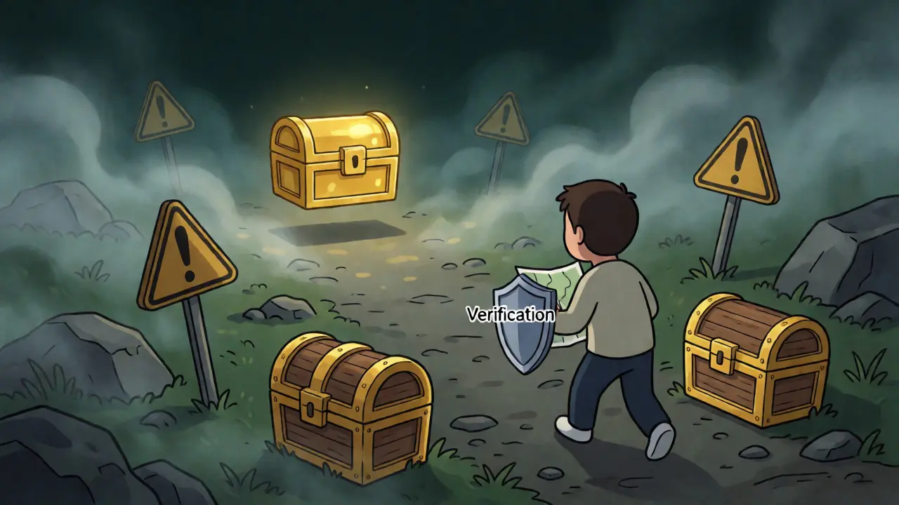 User cautiously approaching a distant floating treasure chest amidst fog.