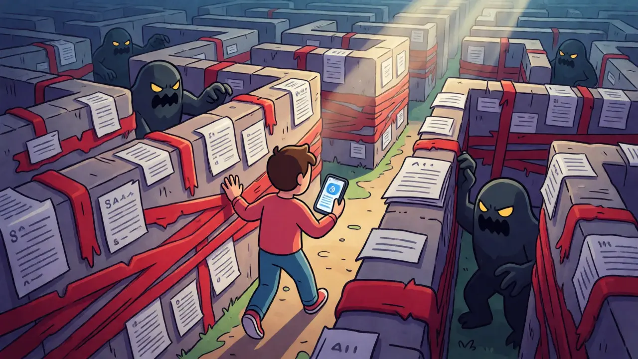 User navigating regulatory maze avoiding bank freeze monsters