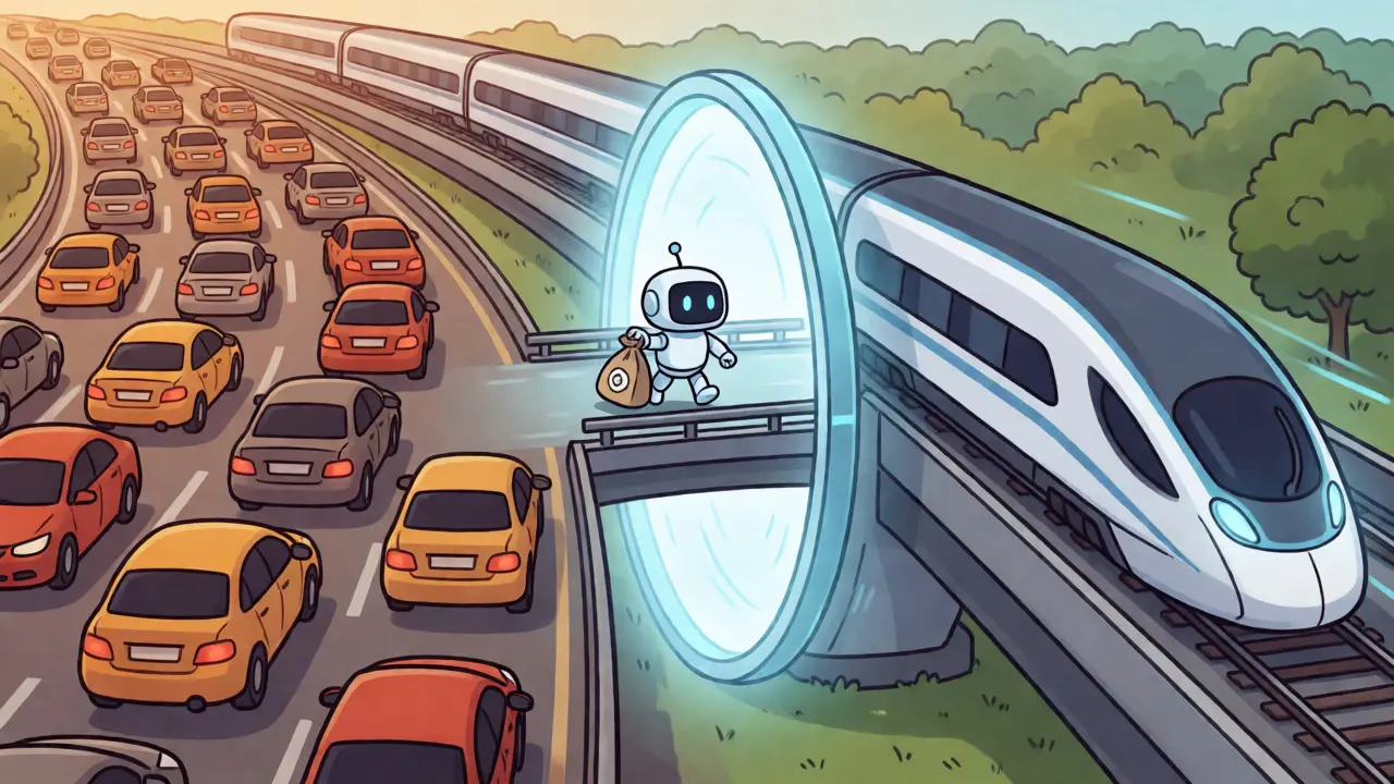 Visual metaphor of bridging from congested Ethereum mainnet to fast StarkNet layers.