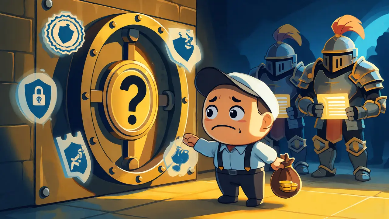 Worried trader facing a questionable vault with missing security symbols compared to guarded regulated exchanges.