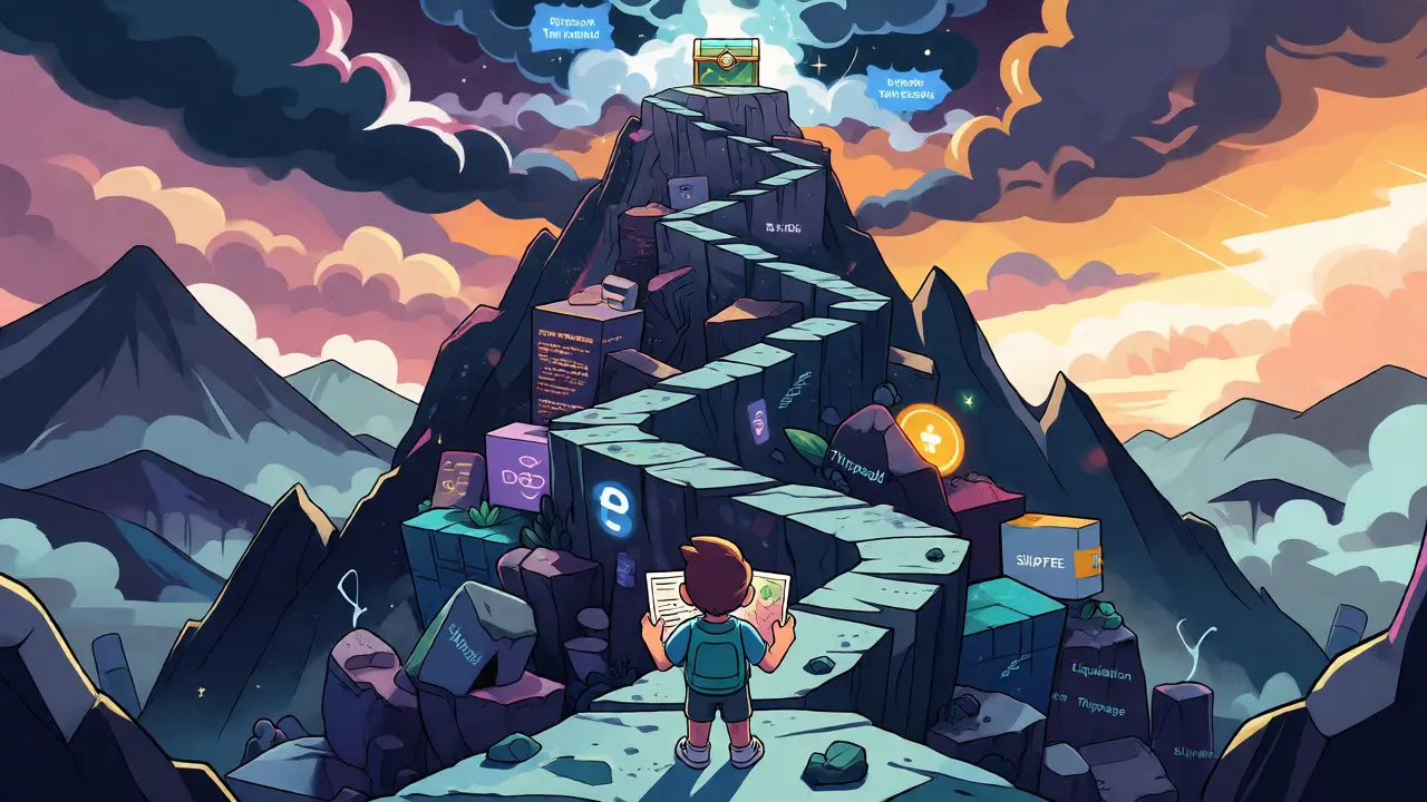 Cartoon visualization of the steep technical learning curve in DeFi protocols