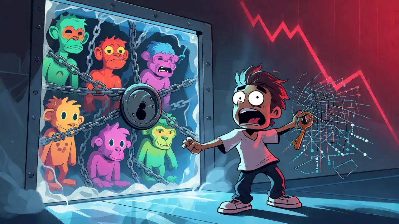 Illustration of users struggling to withdraw NFTs during a platform shutdown